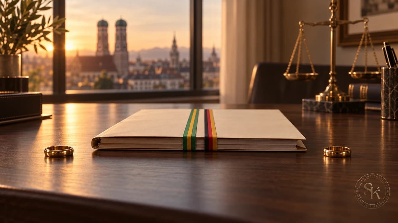 Duas alianças separadas sobre a mesa de um escritório de advocacia em Munique: divórcio na Alemanha de casamento celebrado no Brasil