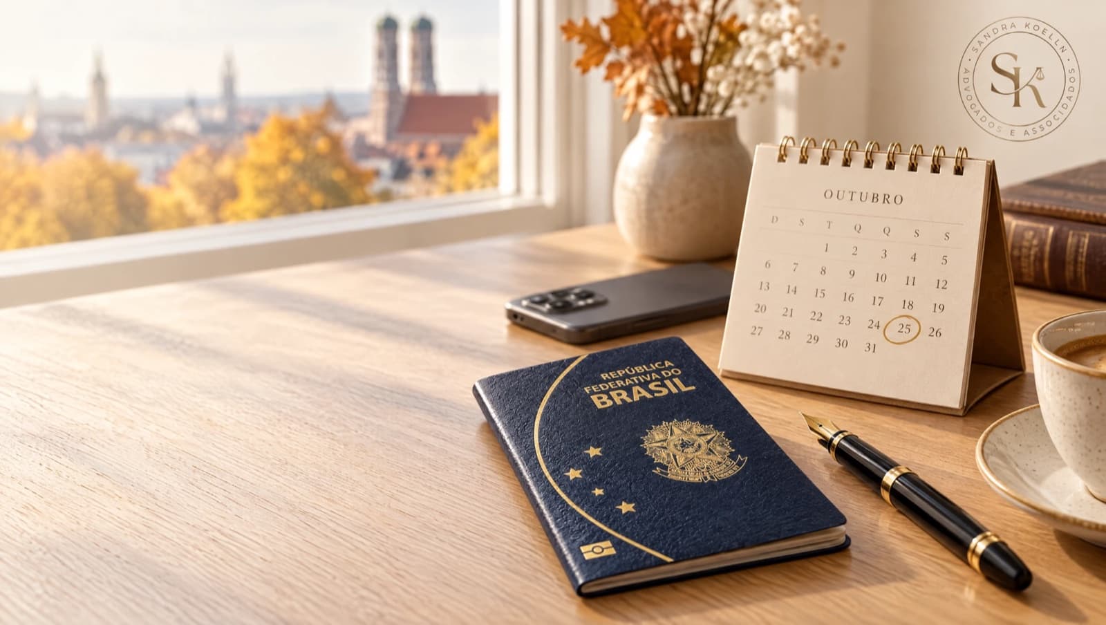 Passaporte brasileiro e calendário marcando 25 de outubro sobre uma mesa clara